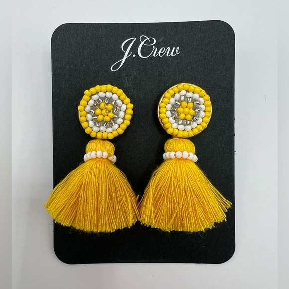 NWT! J. Crew Yellow Beaded Tassel Stud Earrings and Dust Bag - Picture 2 of 10